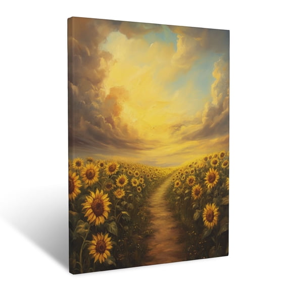 CozyNet Peaceful Path Through A Sunflower Field With Expansive Sky And Warm Golden Light Wall Art Prints With Frame Canvas Perfect for Living Room & Bedroom, Ready to Hang, Wall Decor 12"x16"in