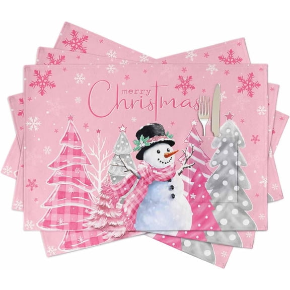 Christmas Placemats Set of 4,Pink Snowman Snowflake Table Placemats Washable Linen Cloth Kitchen Dining Place Mat with Pocket,Xmas Winter Buffalo Plaid Placemats Pine Tree Burlap Boho Holiday Food Ma