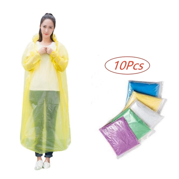 TELOLY 10 Pack Disposable Rain Ponchos for Adults, Clear Plastic Emergency Raincoats with Hood, Waterproof Family Pack for Camping