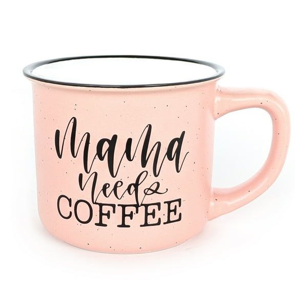 Coffee Mug, Light Pink Camping Style Ceramic Tea Cup for Women with Cute & Funny Hand Lettering by June & Lucy (Mama Needs Coffee)