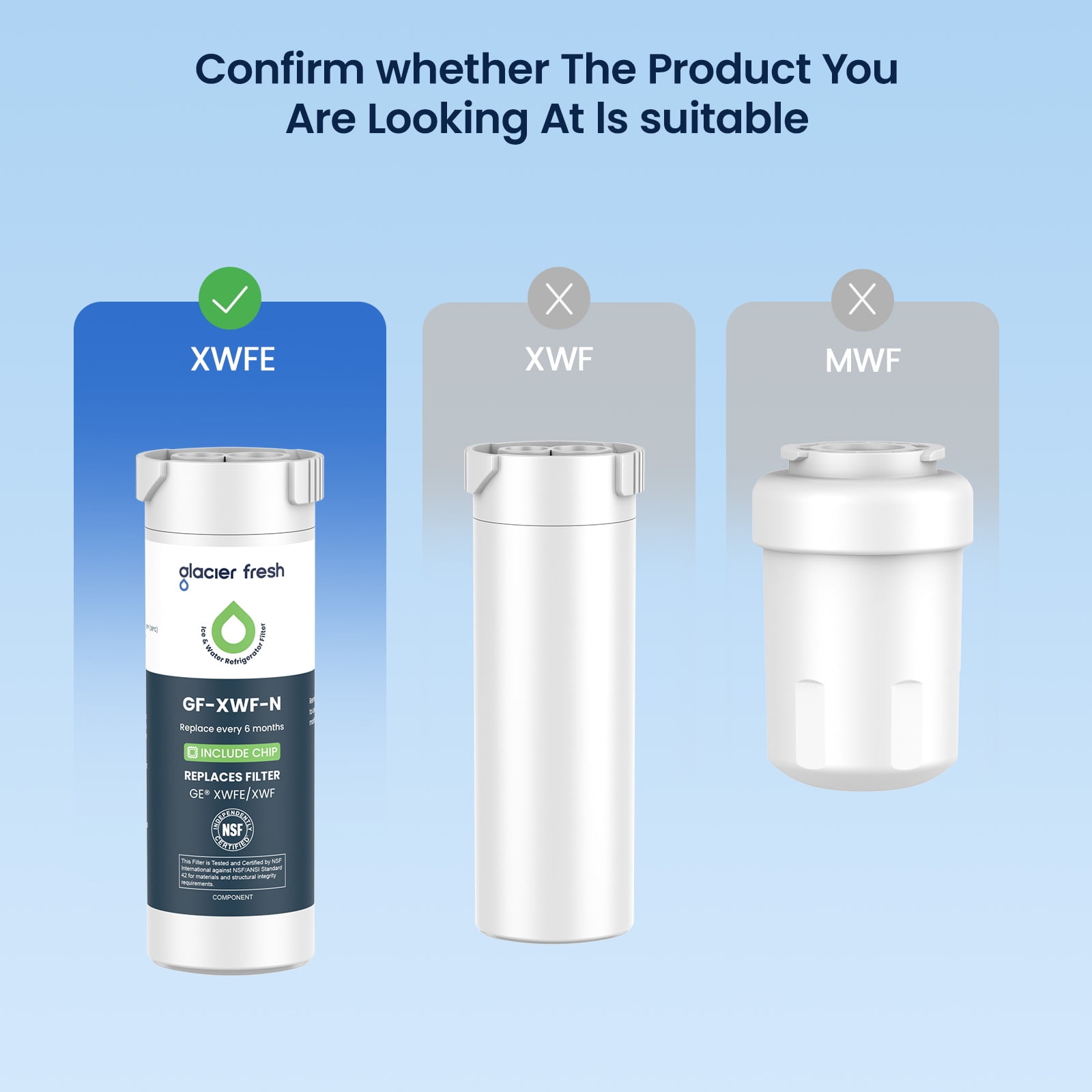 Glacier Fresh XWFE Water Filter, Replacement for GE XWFE, XWF Genuine Ge Refrigerator Compatible with GE French-door - 4 Pack(with chip)