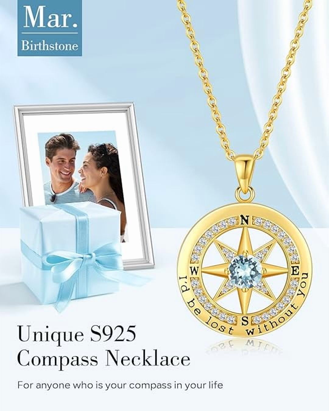 Silver Compass Necklace With Rose & Birthstone - 'I'd Be Lost Without You' Engraved Gift For Women