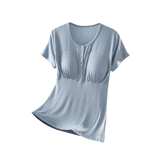 Timegard Summer Tops for Women Short Sleeve Round Neck Button Slim Comfy Pjs Loungewear Tee with Built Bras