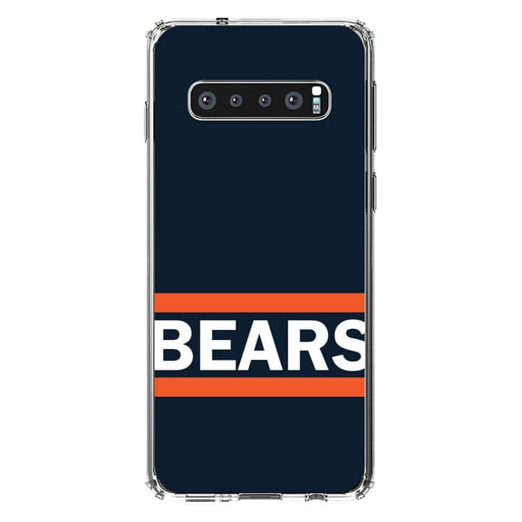 DistinctInk Clear Shockproof Hybrid Case for Samsung Galaxy S10  PLUS(6.4" Screen) - TPU Bumper, Acrylic Back, Tempered Glass Screen Protector - Orange Navy Bears - Football Team