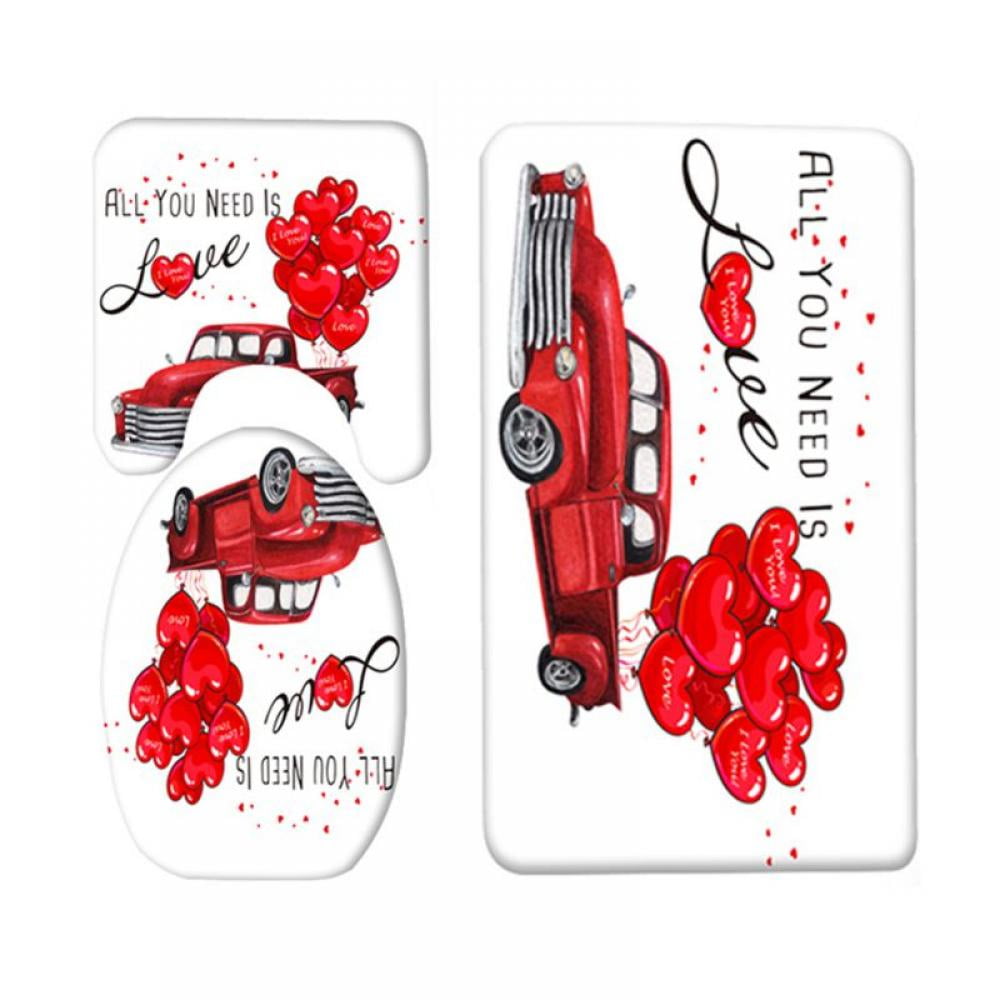 Valentine's Day Red Vintage Truck Balloons Bath Mat Non-Slip Toilet Lid Cover 3Pcs/set Bathroom Decor