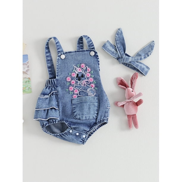 EYIIYE Toddler Girls Easter Clothes Infant Baby Denim Rompers