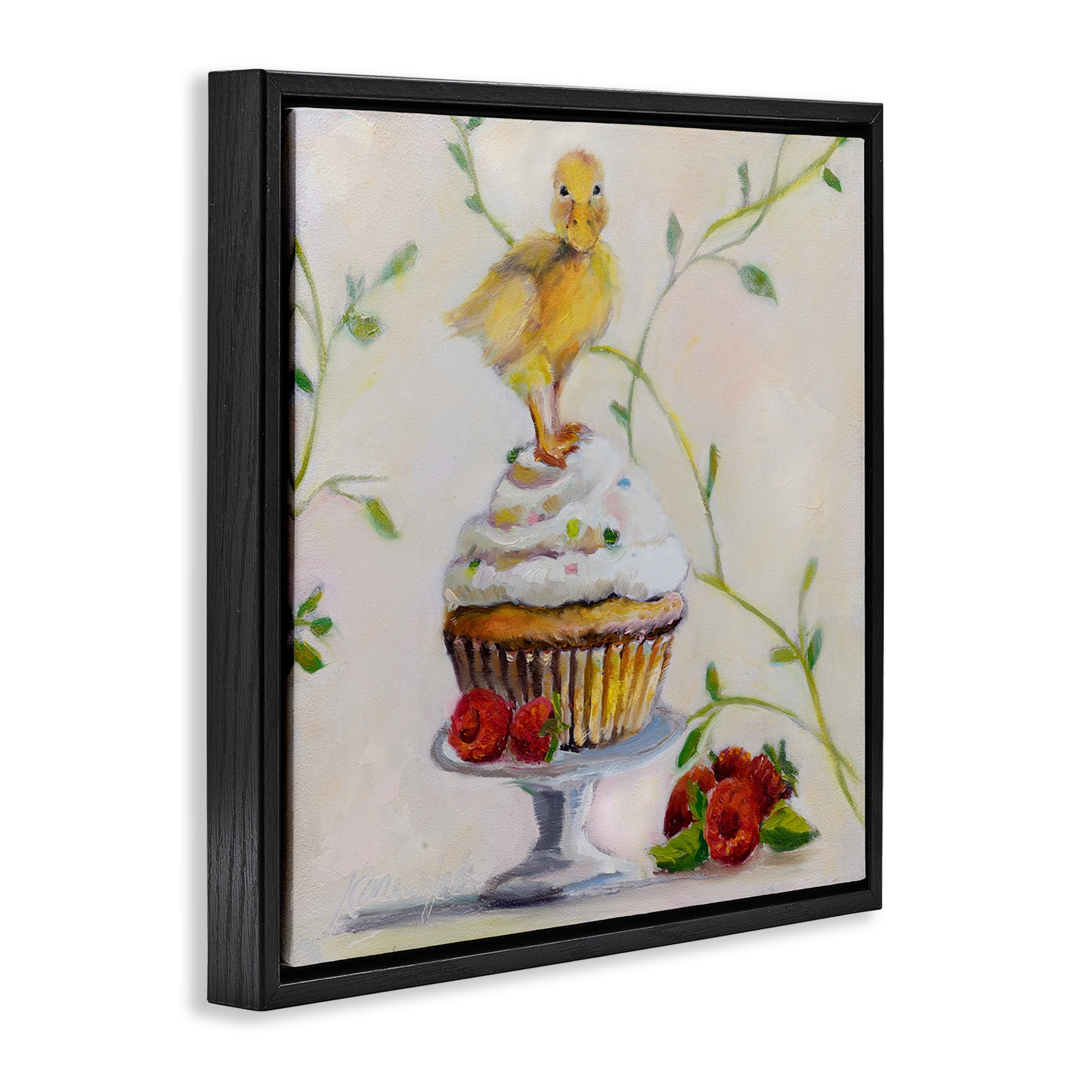 Stupell Industries Baby Duck on Raspberry Cupcake Animals & Insects Painting Black Floater Framed Canvas Art Print Wall Art, 18 x 18