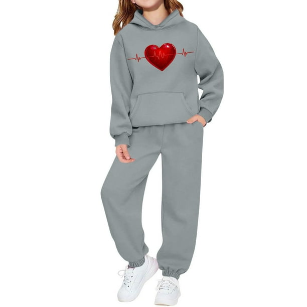 Conjunto de sudadera con capucha de manga larga para niños con estampado en forma de corazón y pantalones deportivos con lazo en las piernas, conjunto deportivo informal de dos piezas para niños, poli