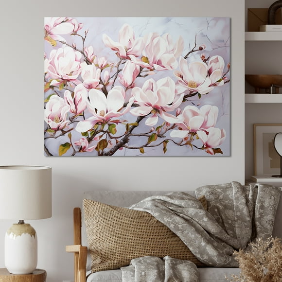 Designart Flowers Wall art decor, Flowers Wall Art, Pink Magnolias In Full Bloom , Extra large Canvas wall art, 32x16 inches
