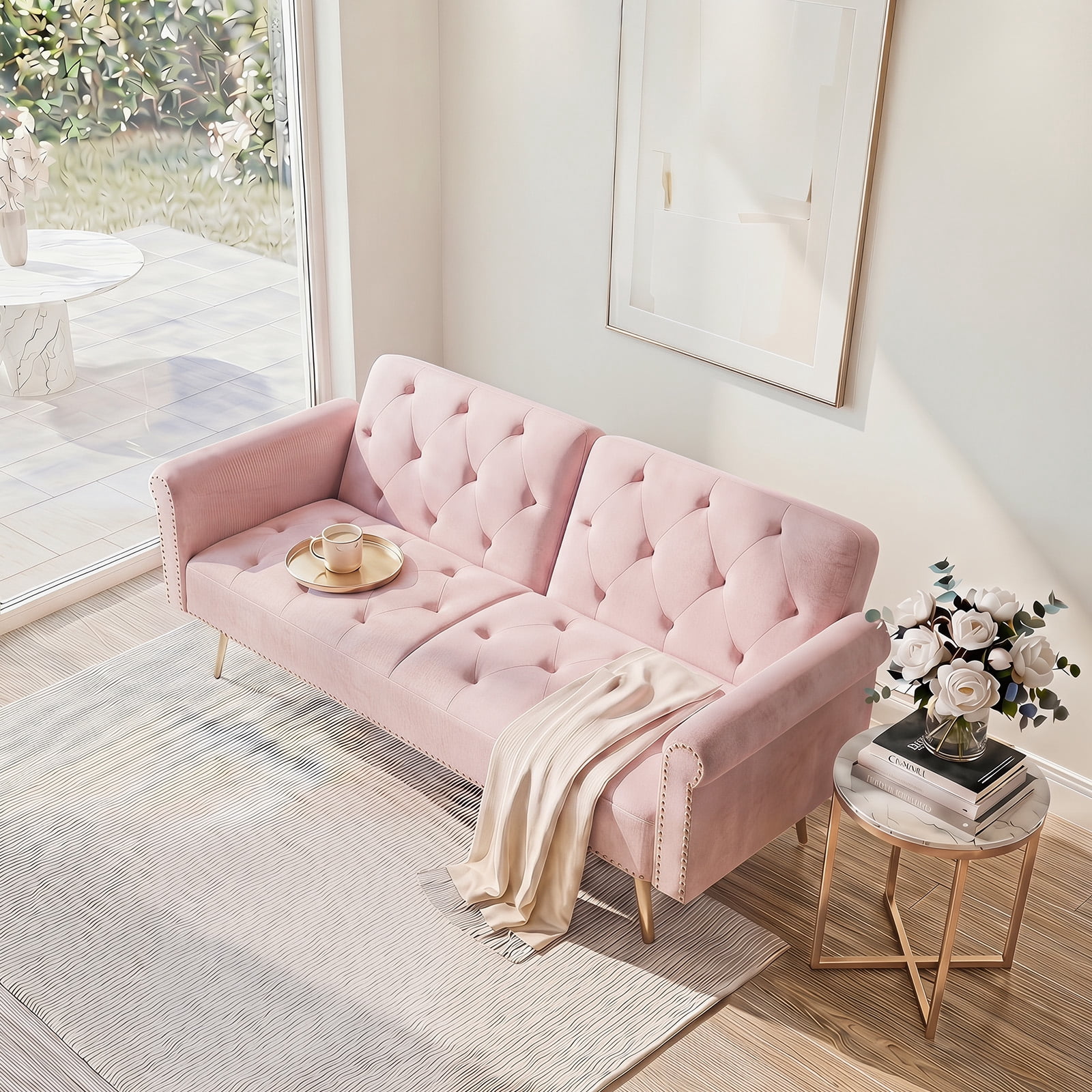 69.7" Ultra-Soft Pink Velvet Convertible Sofa Bed, Nailhead Trim with Cozy Matching Throw Pillow