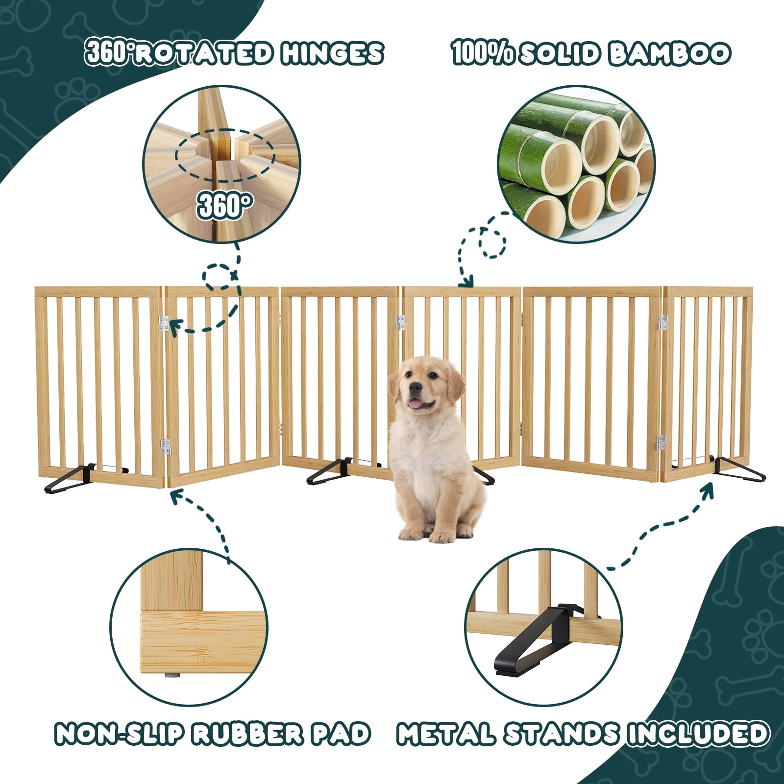 Smuxee Bamboo Freestanding Pet Gate Foldable Dog Gate with Support Feet, Natural, 6 Panel