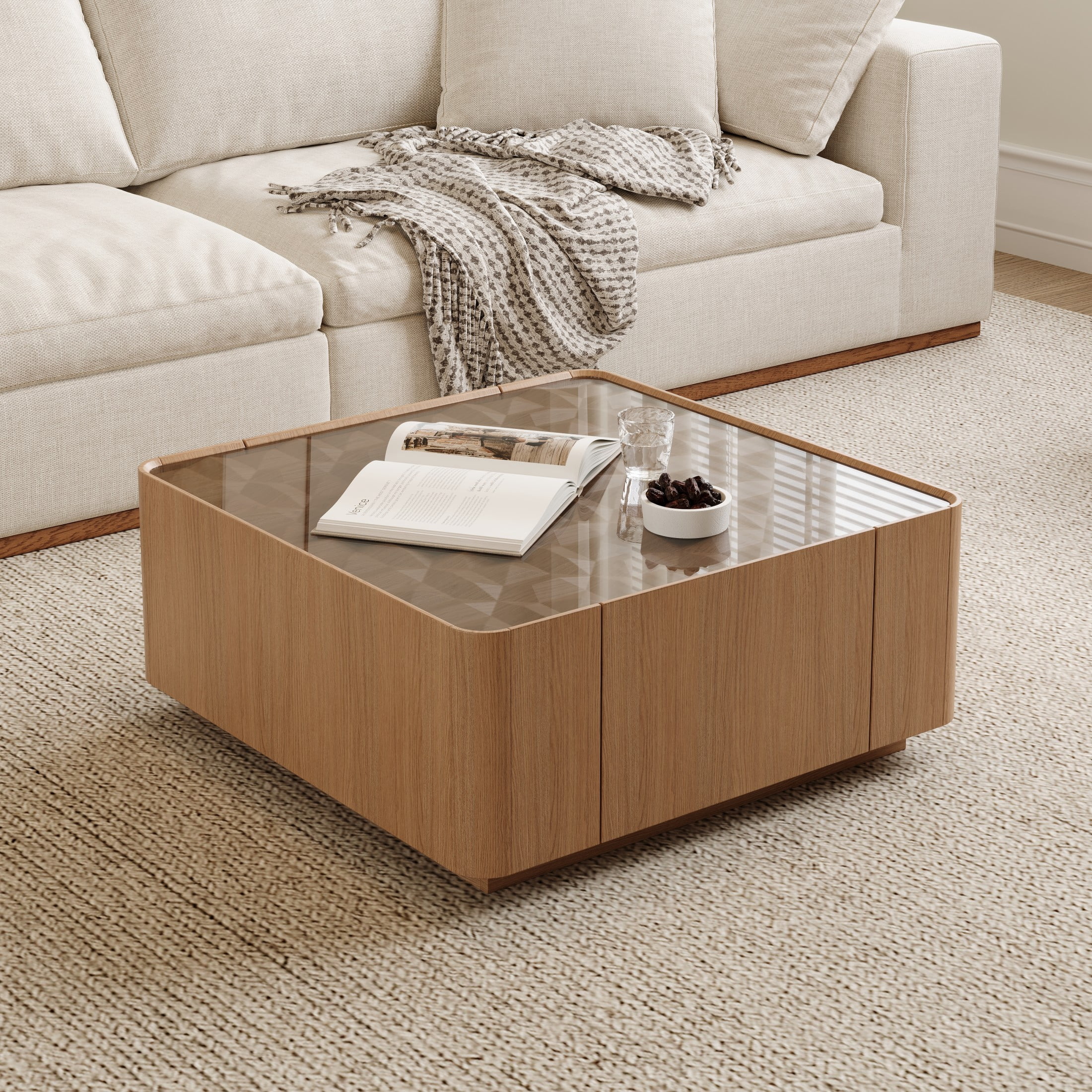 Noble House Millo 31.5" Square Wooden Coffee Table with Tempered Glass Top & Storage Drawers for Living Room, Walnut