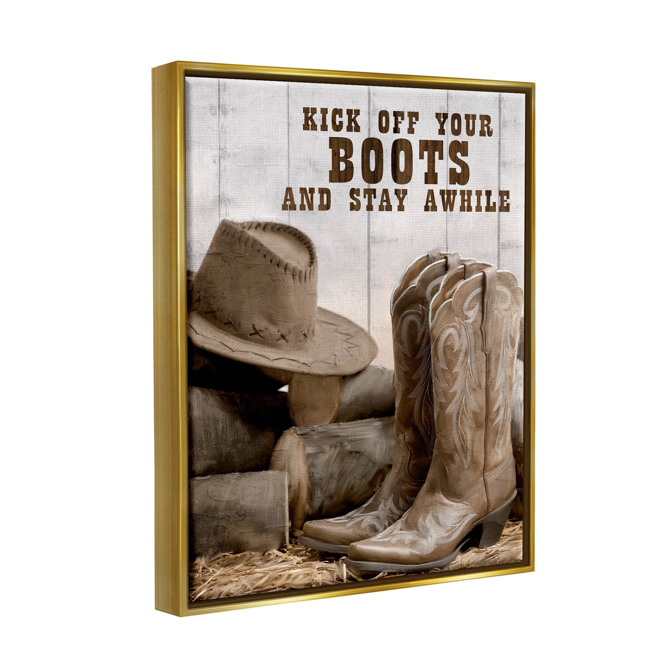 Kick Off Boots Stay Awhile Phrase Inspirational Graphic Art Metallic Gold Framed Art Print Wall Art