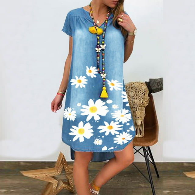 SMihono Robe Bohème d'Été pour Femmes Grande Taille Robe pour Femmes Grande Taille à Manches Courtes à Col en V Robe à Imprimé Imitation Denim Robe à Manches Courtes à Col en V