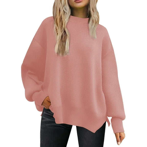 MOSHU Crewneck Sweaters for Women Drop Shoulder Long Sleeve Tops Side Slit Oversized Pullover Sweaters