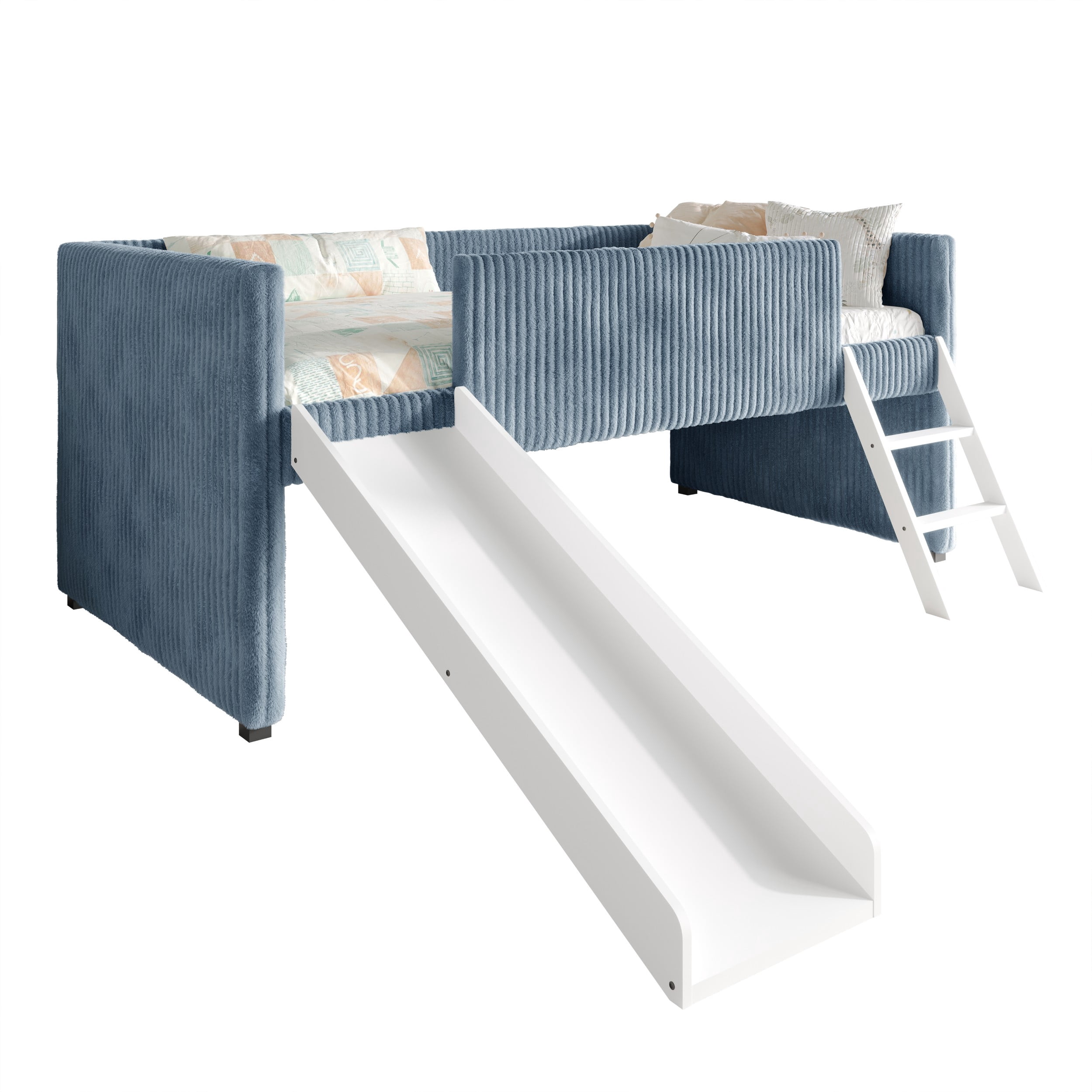 Home Design Totowa Kids Upholstered Low Loft Bed with Slide & Ladder, Soft Corduroy Fabric Twin Loft Bed for Boys & Girls, Light Blue