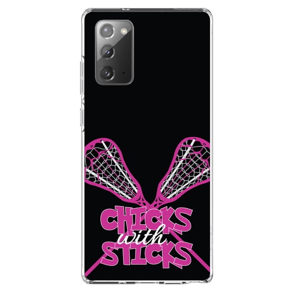 DistinctInk Clear Shockproof Hybrid Case for Galaxy Note 20 ULTRA (6.9" Screen) - TPU Bumper, Acrylic Back, Tempered Glass Screen Protector - Hot Pink Lacrosse - Chicks with Sticks