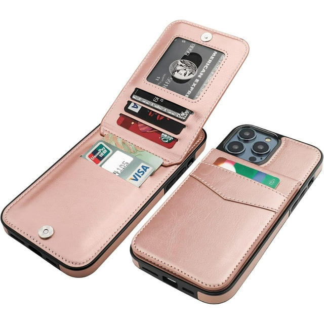 REQO Compatible with iPhone 14 Pro Max Case Wallet with Credit Card Holder, Flip Premium Leather Magnetic Clasp Kickstand Heavy Duty Protective Cover for iPhone 14 Pro Max 6.7 Inch (Rose Gold)