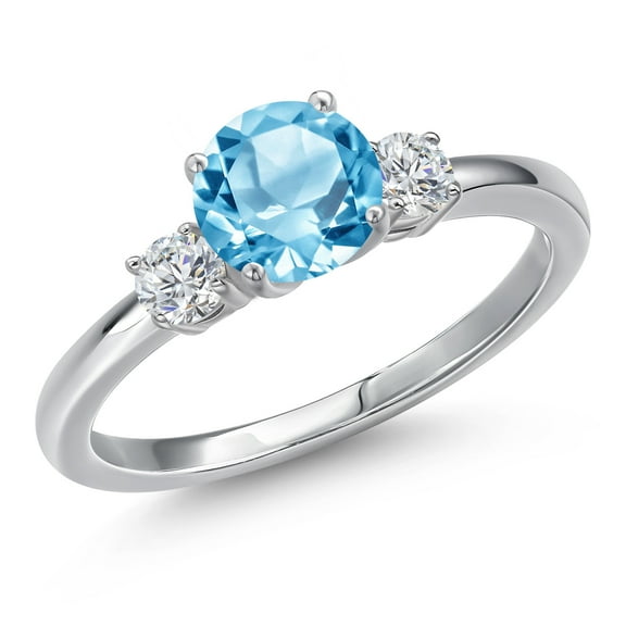 Gem Stone King 14K White Gold Swiss Blue Topaz and White Lab Grown Diamond Engagement Ring for Women | 1.40 Cttw | Round 6.5MM | Gemstone November Birthstone | Size 7
