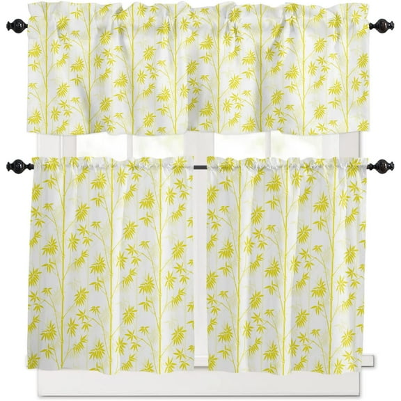 3 Piece Ombre Bamboo Texture Kitchen Curtains, Tier and Valance Rod Pocket Window Curtains Set Yellow Watercolor Cafe Curtains for Kitchen Valances Window Treatment 54X18in 27x36in×2