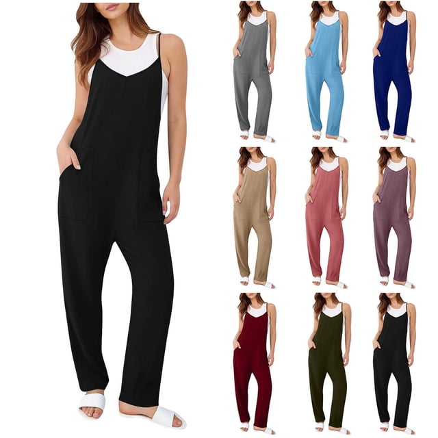 Sentmoon Cute Rompers for Women Workout Jumpsuits for Women Regular Fit Solid Color Sleeveless V Neck Adjustable Strap Cute Overalls for Women with Pockets S-2XL
