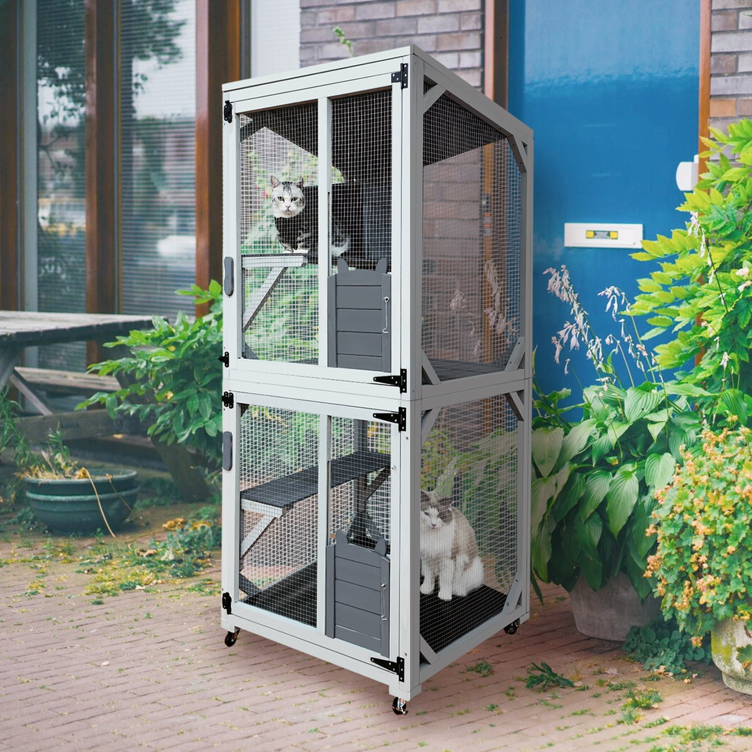 Catio, 2-Tier Outdoor Cat Enclosure, Wooden Cat House for Outside Indoor Kitty Cage on Wheels, All-weather Waterproof Top, Resting Box and Jump Platform, 71''H