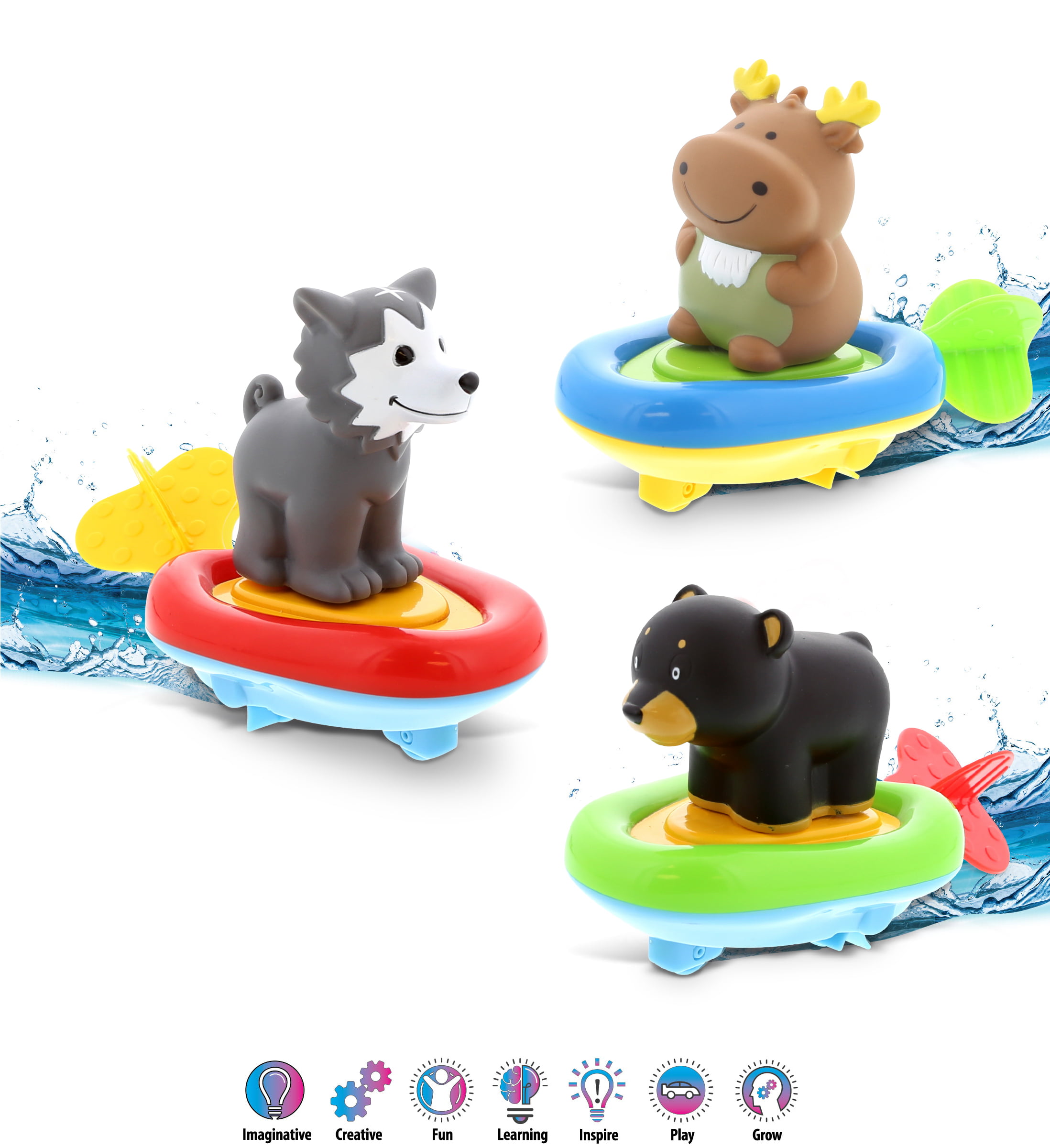 DolliBu Wild Animal Boat Racers Bundle Set of 3 - 3-in-1 Bath Toy Pull & Go Floating  Water Racing, Floor Racing, & Finger Puppet for Pool, Bathtub & Outdoor -  Moose, Black