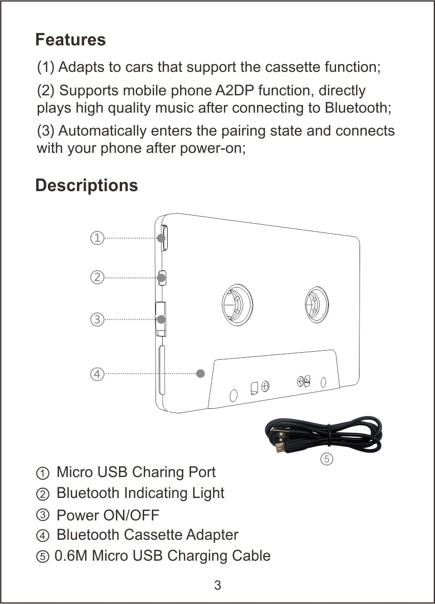 Auto Drive Bluetooth Cassette Adapter with Battery,Two-Channel