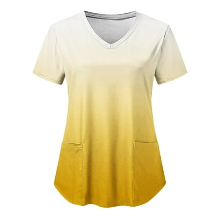 

CZHJS Gradient Color Ombre Summer Tunic Women T-Shirts Casual Elegant Dressy Loose Fitting Scrubs_Tops Nursing Shirts Working Wear Uniforms Shirt Short Sleeve Tees V-Neck Tops Yellow L