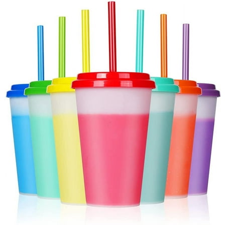 12oz Plastic Kids Cups with Lids & Straws - 7 Pack Reusable Color Changing Cups Adults Drinking Cup | Bulk Tumblers with Straw for Party Ice Coffee Smoothie Juice