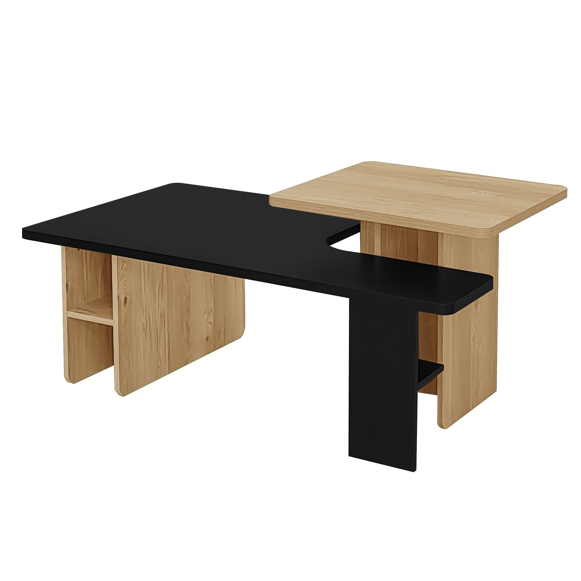 AENKYO Modern Nesting Coffee Table Set, 2-Piece Wood Grain End Tables with Open Shelves for Living Room, Black