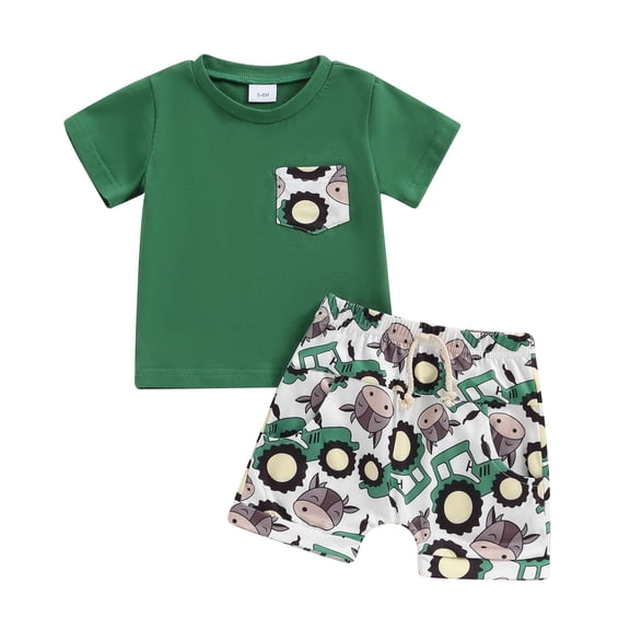 Aojekbee 2Pcs Baby Boy Summer Outfits Short Sleeve T-Shirt Truck Print Shorts Set Infant Clothes