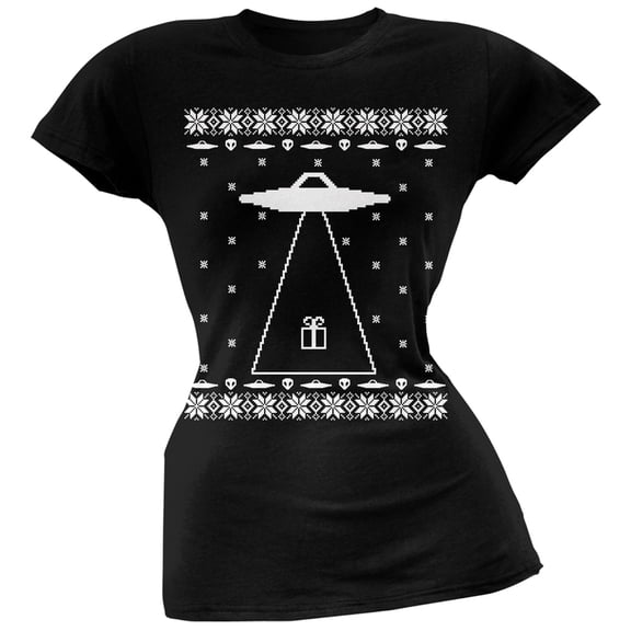 Alien Abduction Ugly Christmas Sweater Black Juniors T-Shirt - Small