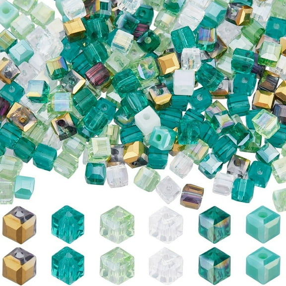 1 Box 300Pcs 6 Colors Square Glass Bead Crystal Cube Beads Bulk 4mm Green Transparent AB Color Plated Faceted Loose Spacer Hole Bead for Jewelry Making Bracelet Necklace DIY Crafts Supplies