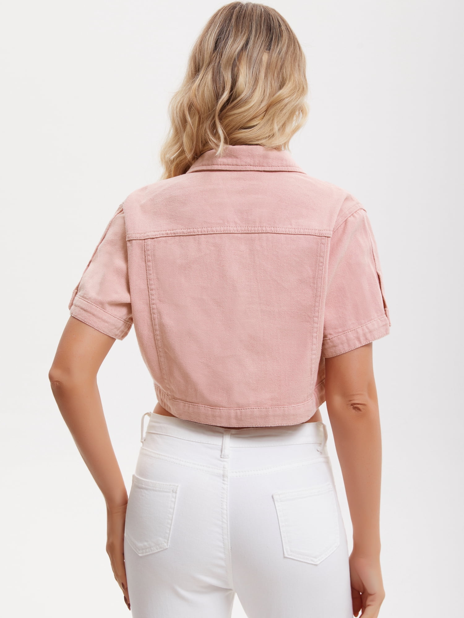DARING DIVA Women's Short Sleeve Denim Rendy Casual Cropped Jean Jacket M Pink
