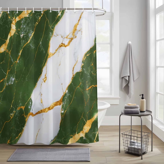 Bathroom Shower Curtain Sage Green Marble Waterproof Shower Curtains with Hooks, Gold Foil Abstract Stripes Bath Curtains Bathtub Curtain Home Decor 36x72in