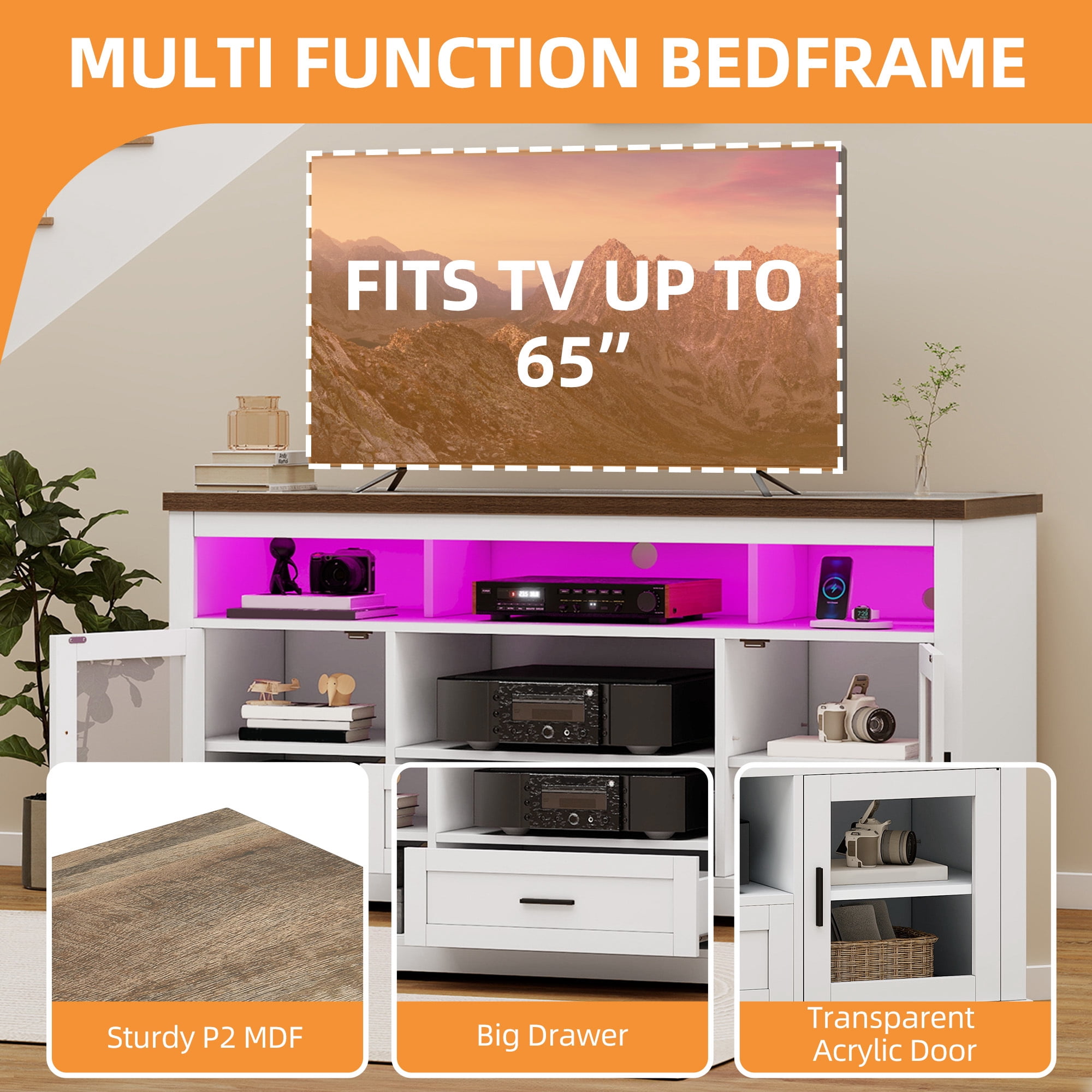 Uforic LED TV Stand for TV up to 65", Highboy Entertainment Center w/Outlets & USB Ports, Media Console Cabinet w/Glass Doors, White