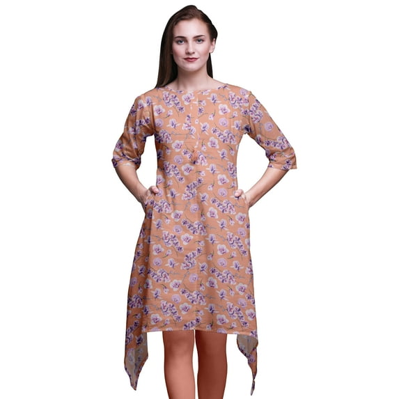 Bimba Orange Orchid Floral Women Kurtas Ethnic Printed Asymmetric Summer Wear Tops For Women Large