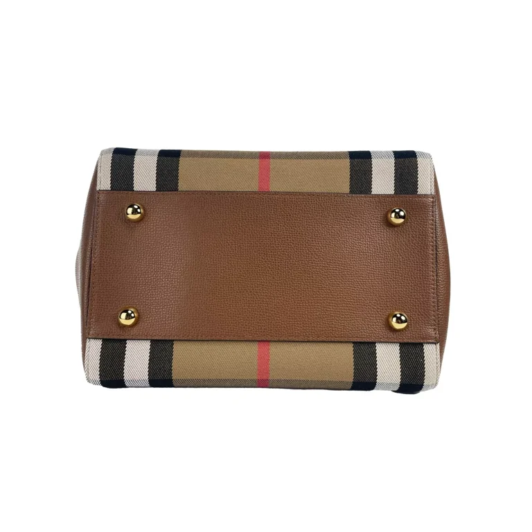 Burberry Small Canterby Tan Leather Check Canvas Tote Bag Purse