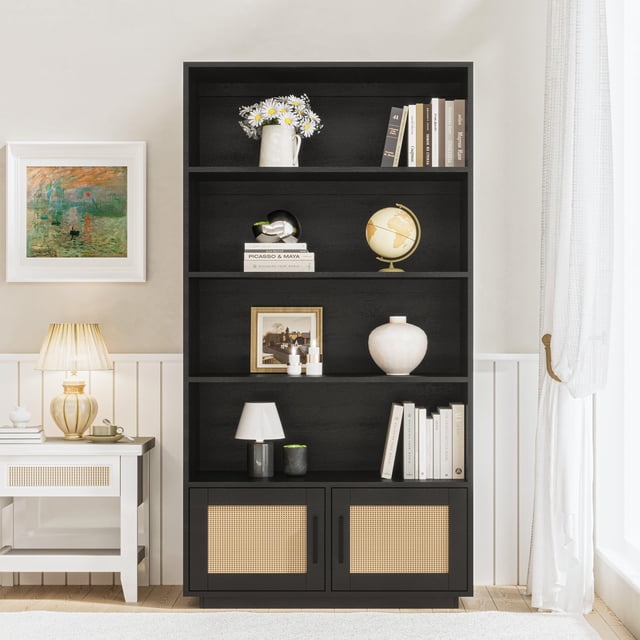 Qinaqin 5 Niveles Bookshelf Boho Bookcase con Rattan cm de Profundidadoors Profundidad Madera y Almacenamiento Alto Book Soporte Grande para Living Sala de