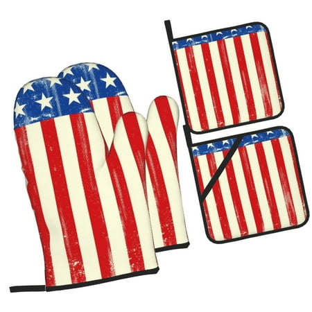 

Haiem America Flags2 Print Extra Long Oven Mitts and Pot Holders 4pc Sets: Heat Resistant Silicone Oven Mittens with Mini Oven Gloves and Hot Pads Potholders
