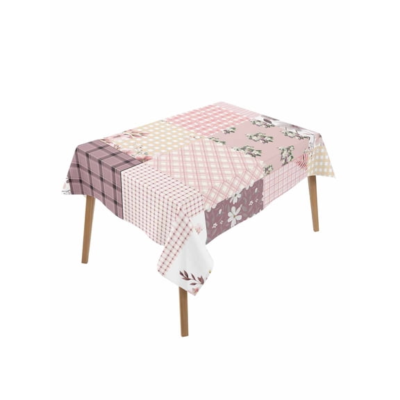 Boho Spring Floral Table Cloth, Waterproof Tablecloth for Rectangle Tables, Vintage Flowers Patchwork Plaid Pink Reusable Washable Fabric Table Cover for Restaurant Kitchen Dining Tables 60"x102"