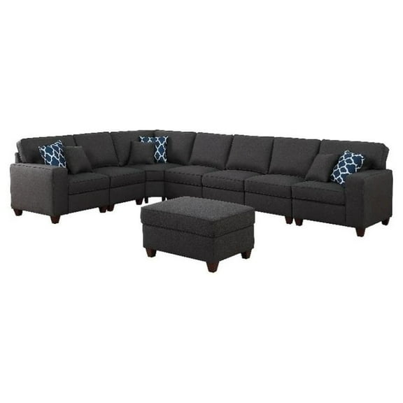 FurniFact Dark Gray Linen Couch Sectional 8-Piece L Shaped Couch With Ottoman Set
