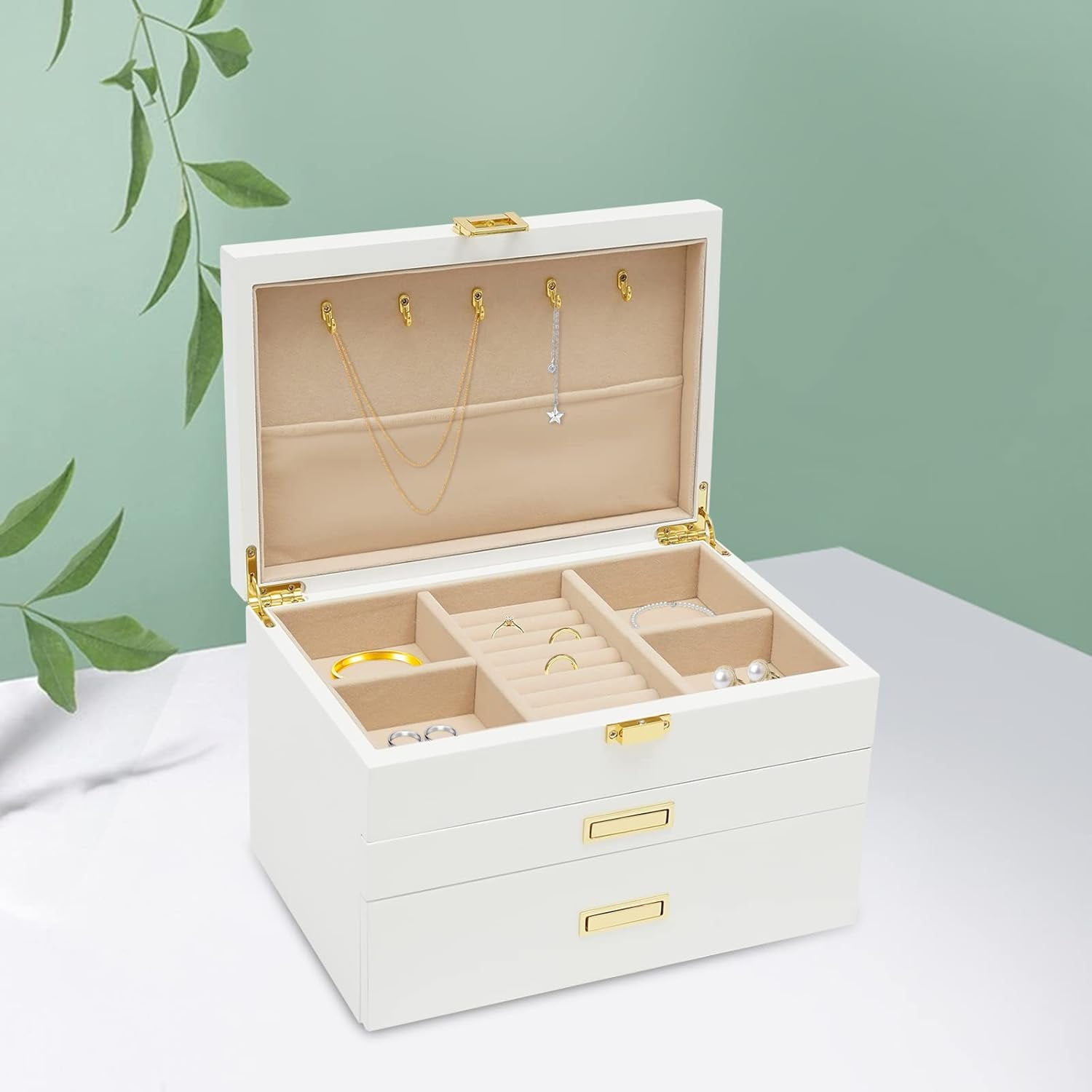 Women 3 Layers Wooden Jewelry Box for Jewelry Organizer Drawer Jewelry Display Box with Soft Velvet Lining for Ring Necklace Earring Bracelet (White)