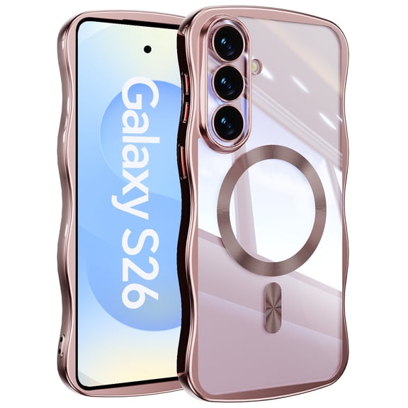Magnetic For Samsung Galaxy S26  Phone Case,Cute Wavy Frame,Compatible with Mag-safe,Ultra Slim Shockproof Anti-fall Protection,Rugged Durable Electroplated Bumper Thin Phone Case,Pink