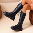 thumbnail image 2 of hopeusnice Round Toe Lace Up Side Zipper Knee High Boots Women Leather Boots for Street Style Black 35, 2 of 6