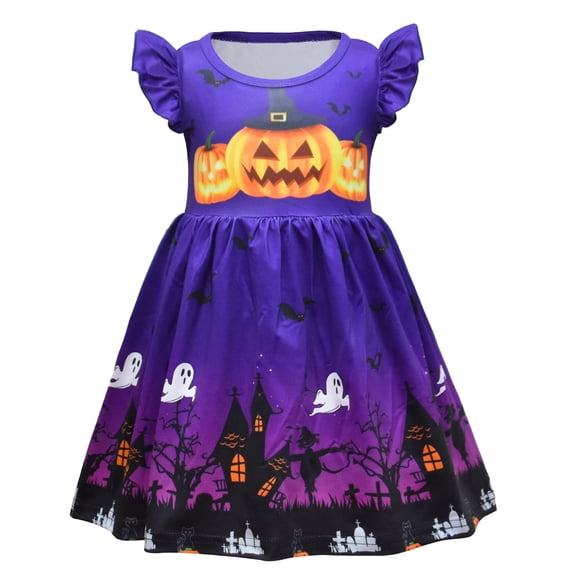 UACY Girls Hallo-ween Lightweight Pumpkin Dress Toddler Kids Girls Fly Sleeves Cartoon Hallo-ween Pumpkins Prints Custome Princess Dress(Purple,5-6 Years)