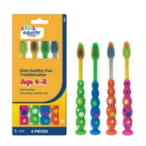 Equate Kids Healthy Fun Toothbrushes for Ages 4 to 8 with Suction Cup, Soft Bristles (4 Count)