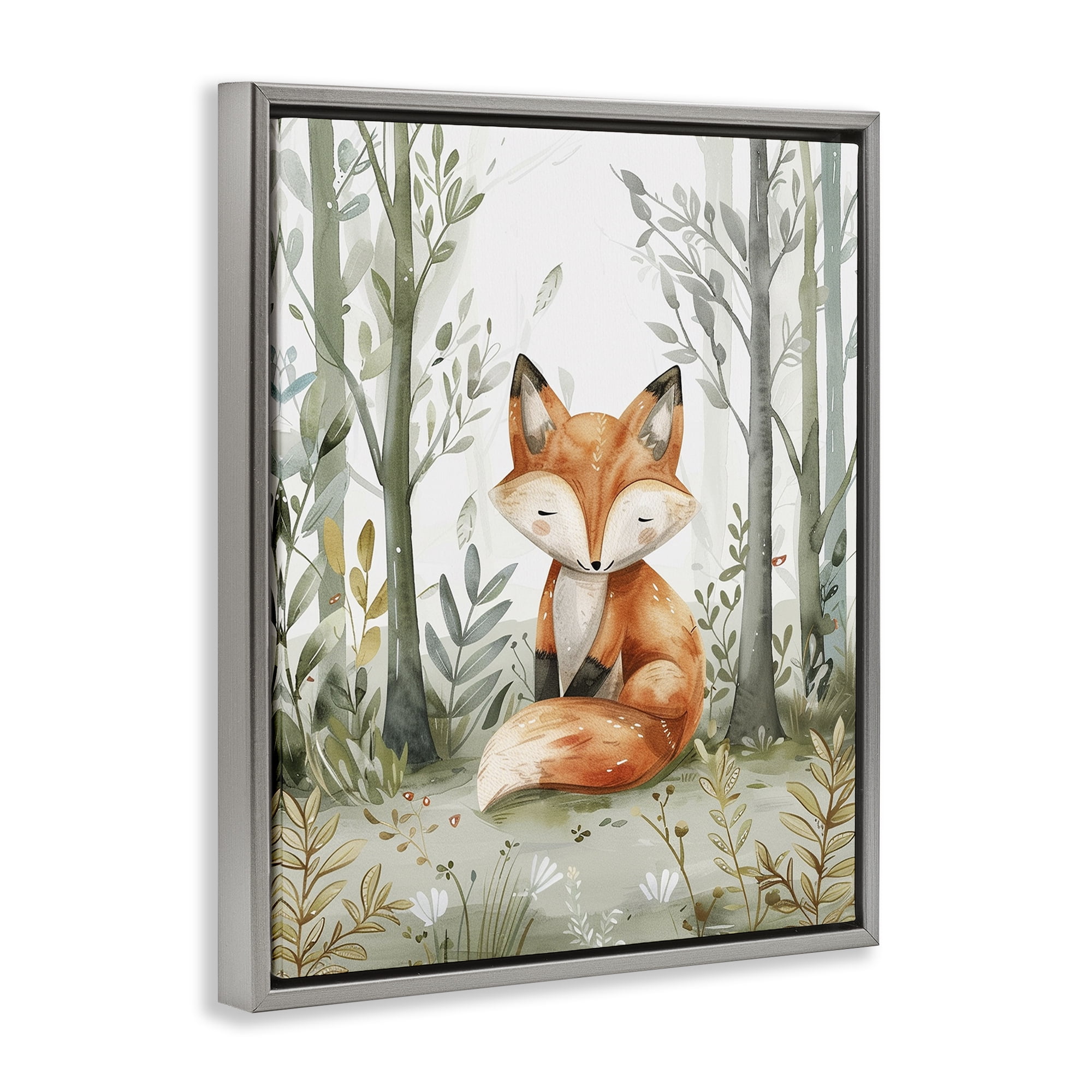Stupell Industries Soft Woodland Fox Landscape & Nature Painting Gray Floater Framed Canvas Art Print Wall Art, 25 x 31