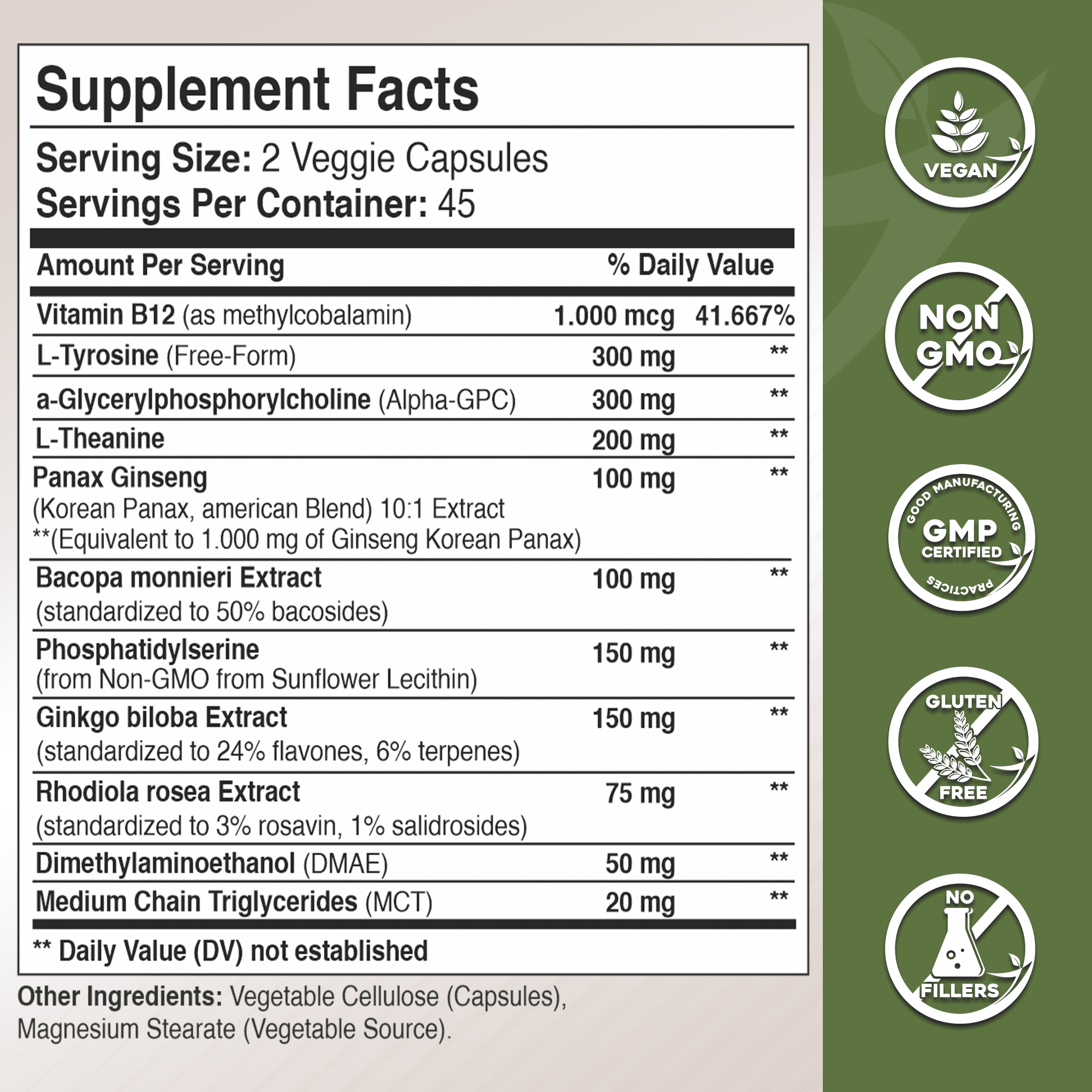Gade Nutrition Alpha GPC with Ginkgo Biloba, Ginseng, L Theanine, B12, Bacopa Monnieri, L Tyrosine, Rhodiola Rosea - 90 Caps - Made in USA